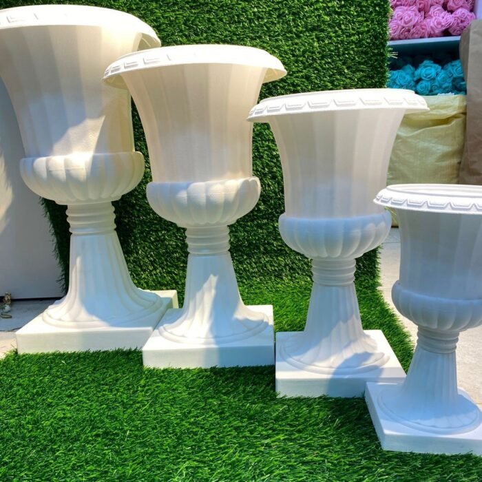 Decorative White Fluted Garden Urns on Square Base