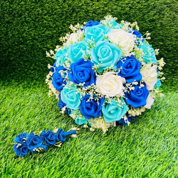 Coastal Harmony Rose Bouquet & Boutonniere Set - Blue & White